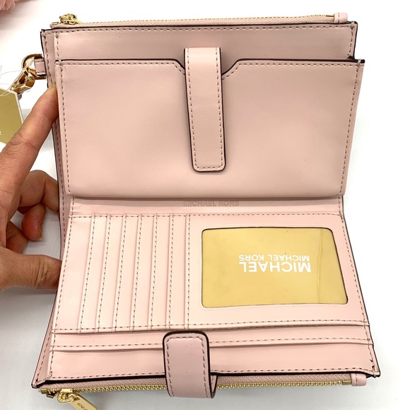 Michael Kors Jet Set Travel Double Zip Wristlet - Brown Signature/ Powder Blush - Picture 7 of 10